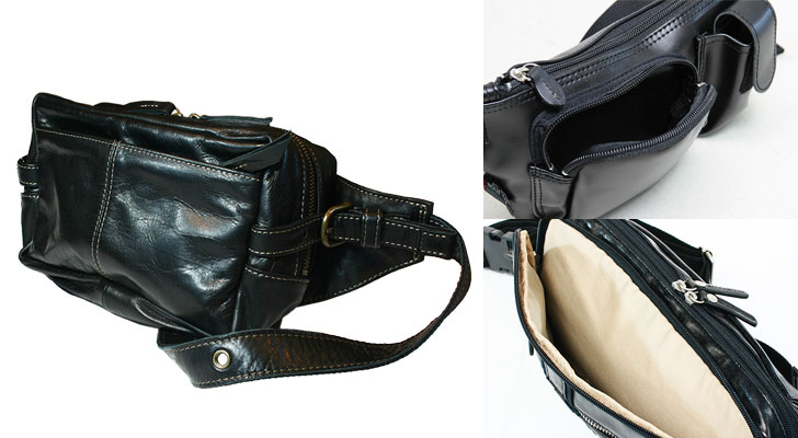 ナイロン素材、本革、革付属コンビのウエストバッグ